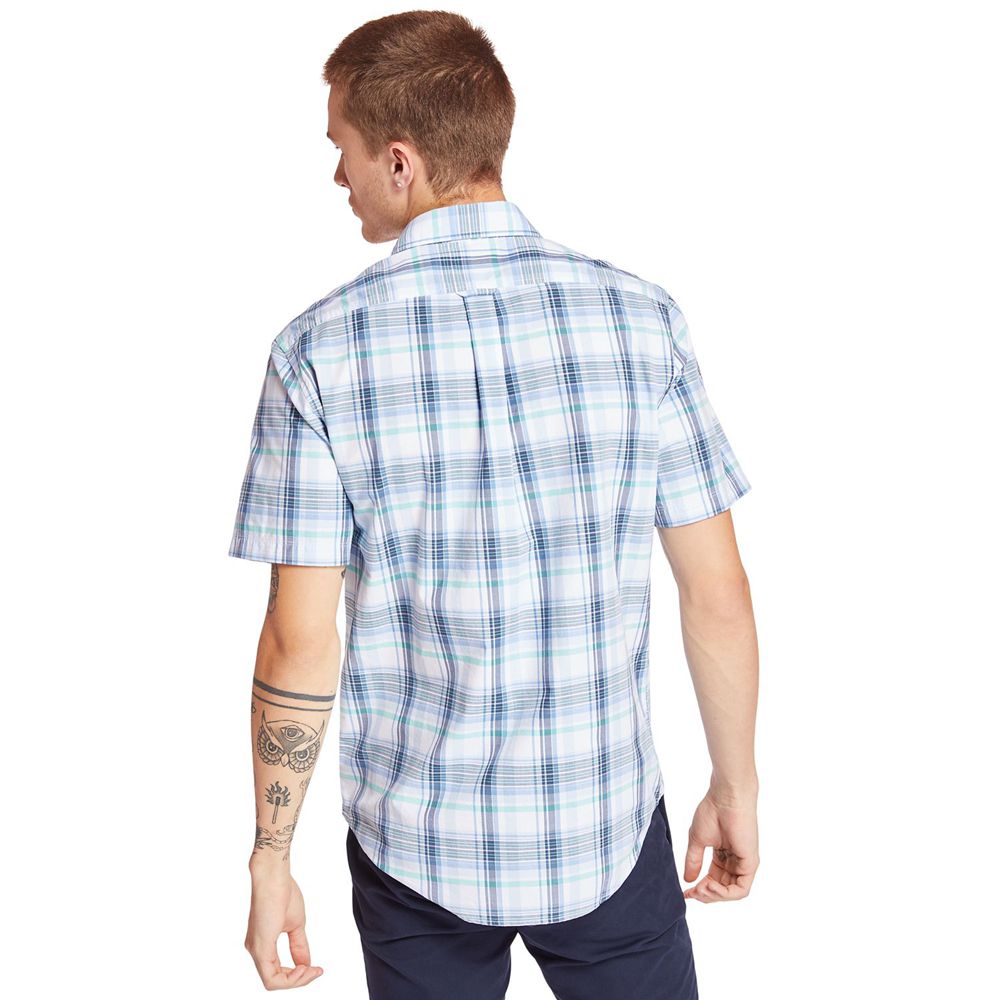 Timberland Πουκαμισα Ανδρικα Μπλε/Ασπρα - Short-Sleeve Indian River Madras - Greece 2950684-UQ